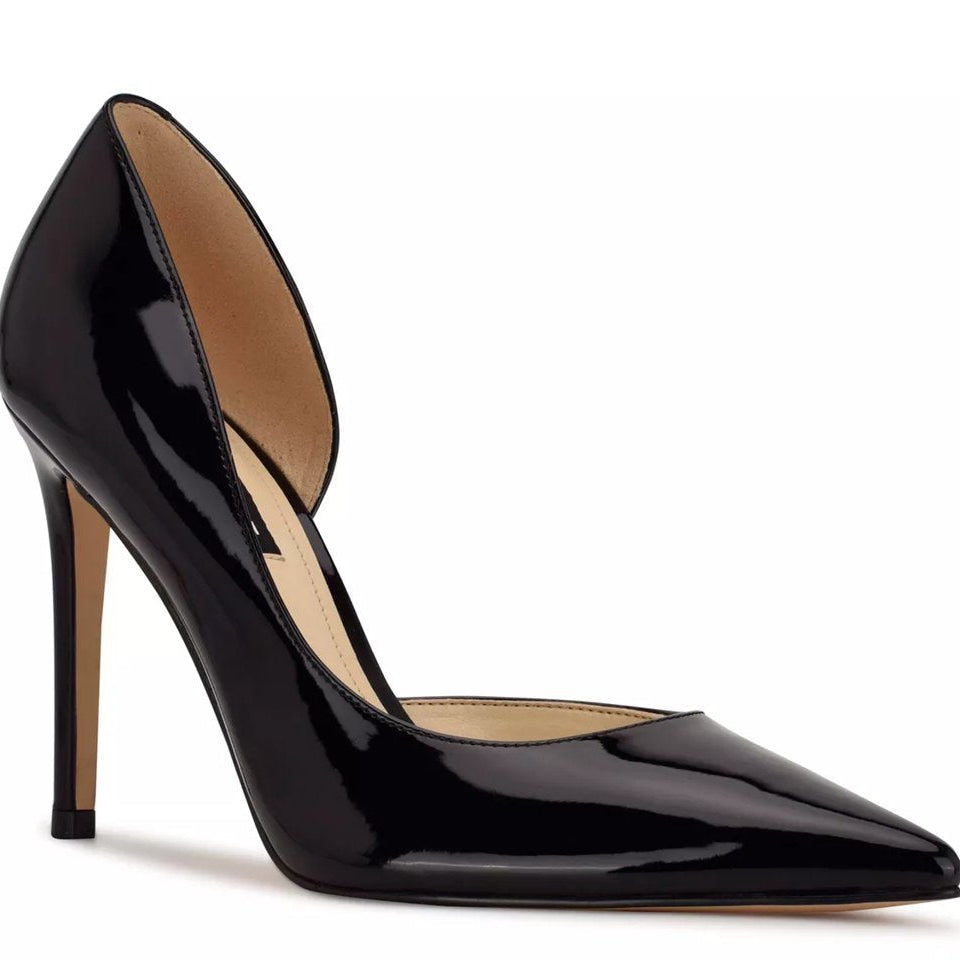 Black patent leather pointed toe stiletto heels