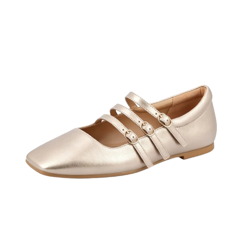 Champagne colored triple strap square toe flats