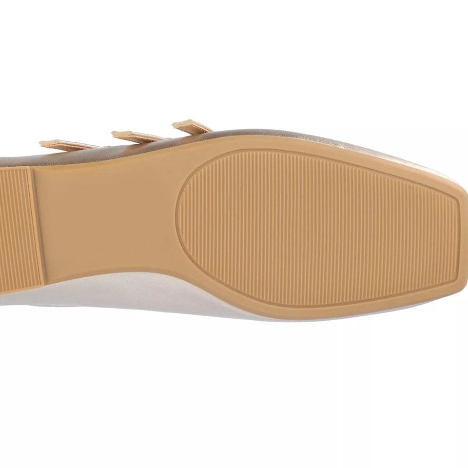 Champagne colored triple strap square toe flats