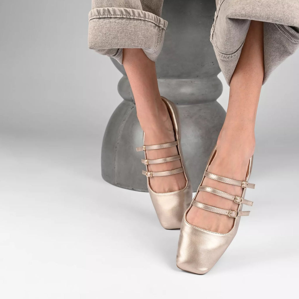 Champagne colored triple strap square toe flats