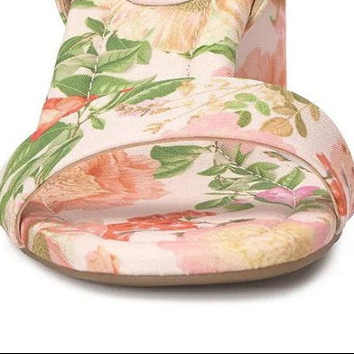 Floral print ankle strap open toe block heels