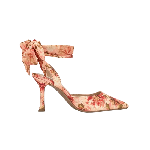 Floral satin pointed toe stiletto heels with ankle ties