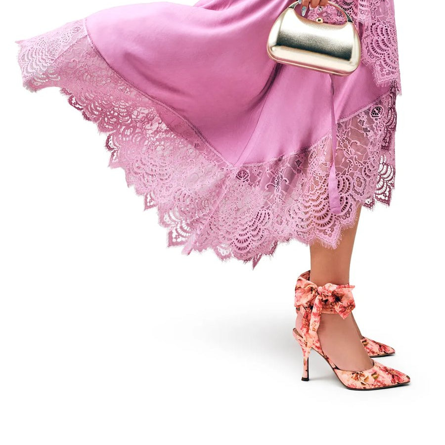 Floral satin pointed toe stiletto heels with ankle ties