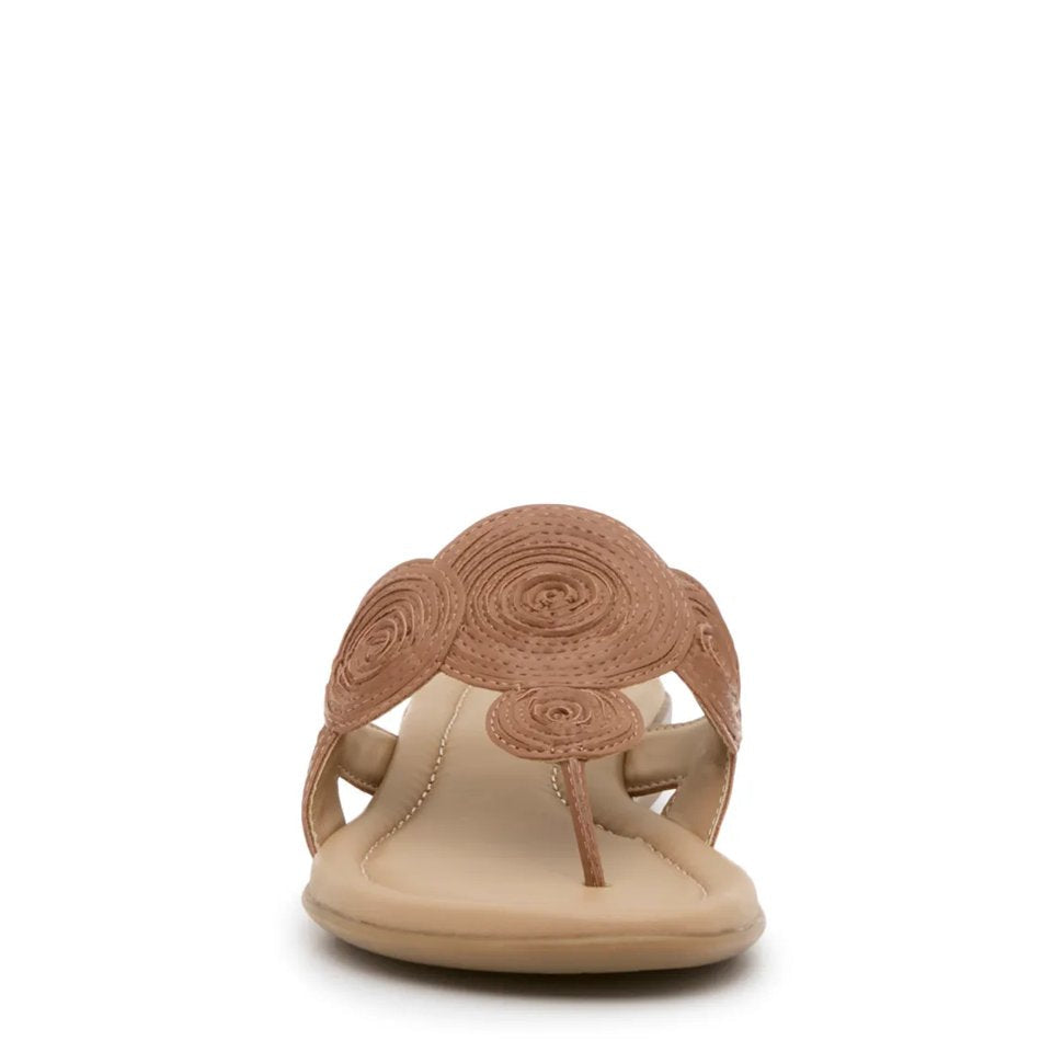 Tan flip flops with decorative stitching