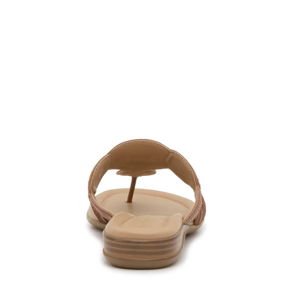 Tan flip flops with decorative stitching